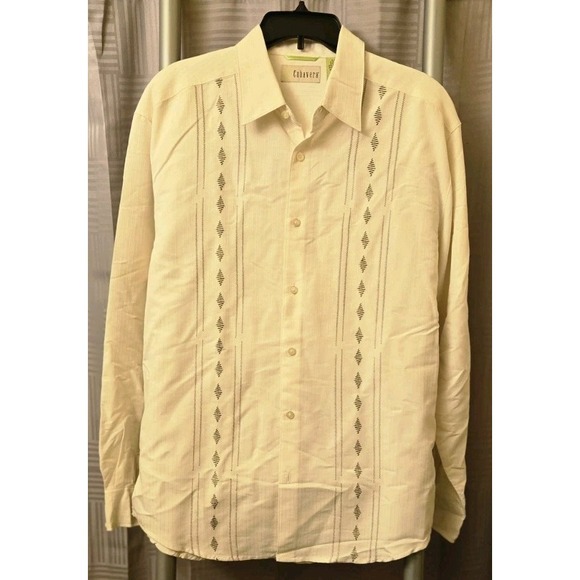 Cubavera Other - Cubavera Men's Long Sleeve Guayabera Shirt – Beige Embroidered Button Front Sz L